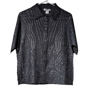Montana Avenue Vintage Black Crinkly Ribbon Button Front Blouse Sz XL